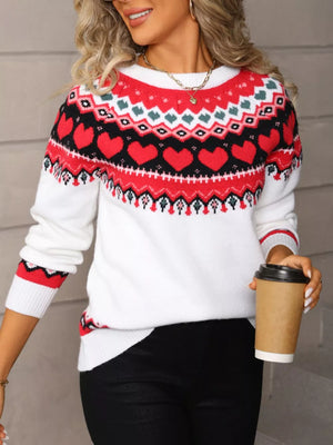 White crew neck sweater with red heart motif pattern, acrylic knit, long sleeves
