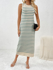 Striped ribbed sleeveless midi dress in cream with green stripes, crew neck, and relaxed fit.