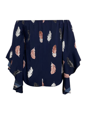 Off-shoulder dark blue blouse with feather print and flounce sleeves.