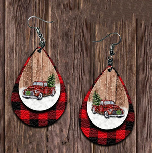 Festive plaid teardrop earrings with red truck and Christmas tree design