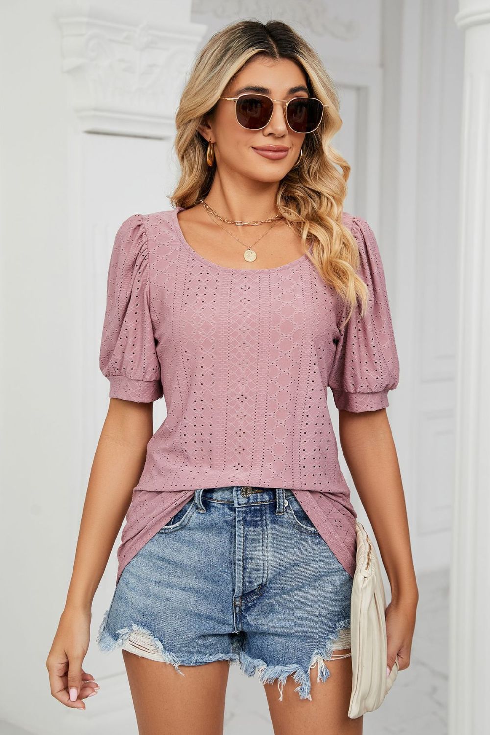 Pink eyelet puff sleeve scoop neck blouse with textured pattern