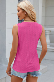 Hot pink eyelet sleeveless V-neck top with scalloped details.