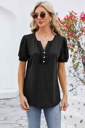 Black ruffled placket puff sleeve tee with button detail
