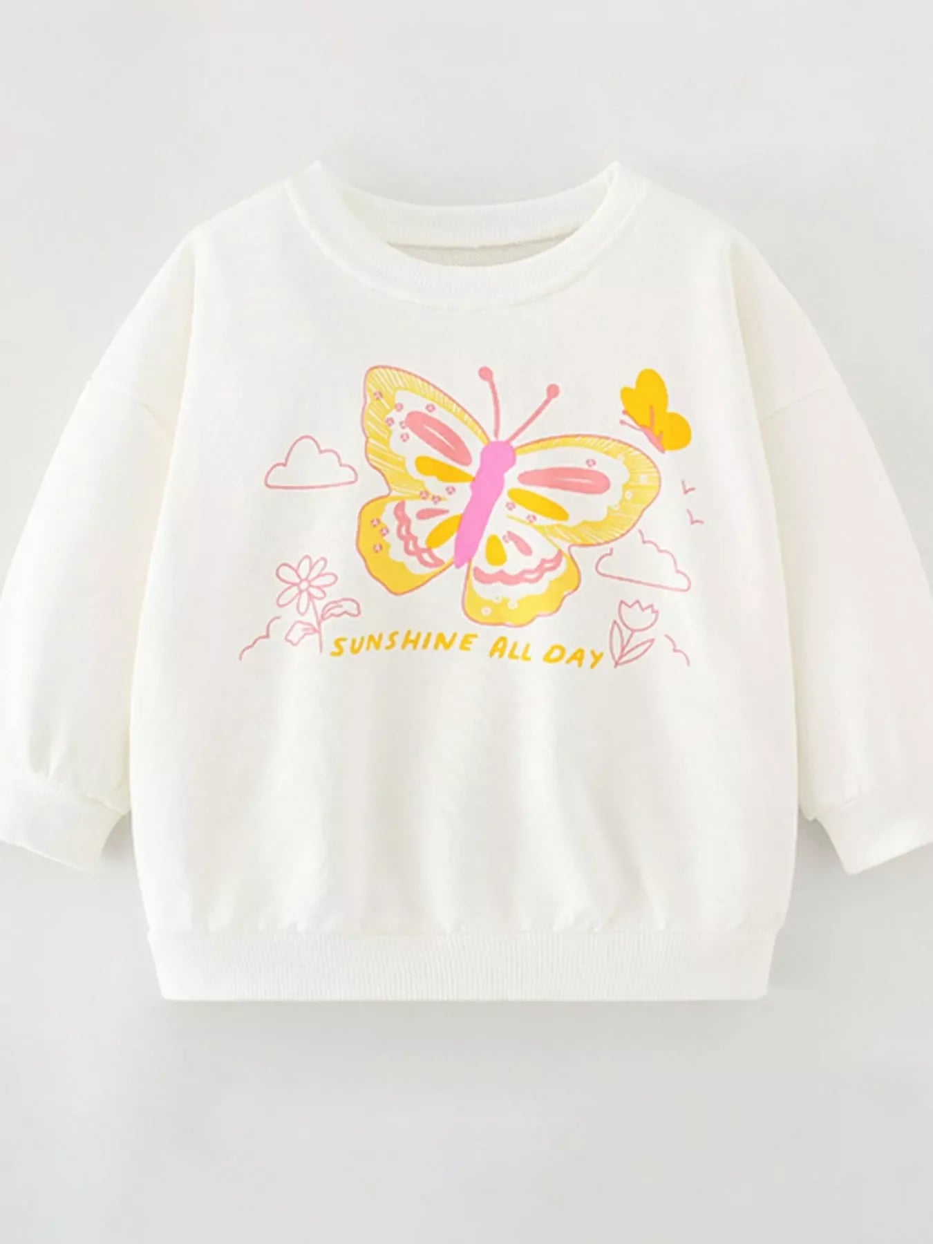 Kids' white butterfly print sweatshirt with "Sunshine All Day" text.