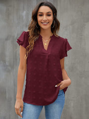 Burgundy textured voile blouse with flutter sleeves and v-neck