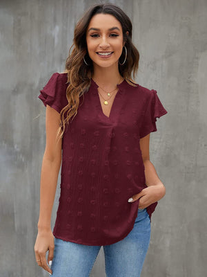 Burgundy textured voile blouse with flutter sleeves and v-neck