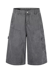 Men's relaxed fit grey cotton cargo capris with button closure and multiple pockets.