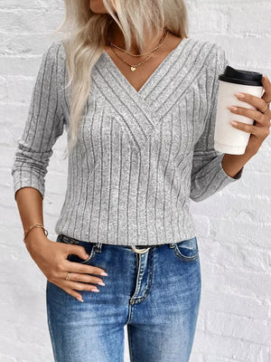 Ribbed V-neck Long Sleeve T-shirt in Grey, close-up detail