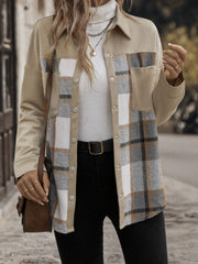 Tan cotton shacket with plaid panels and patch pockets, button front.