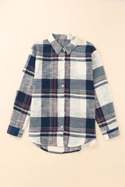 Linen plaid button-down overshirt with a relaxed fit and curved hem.