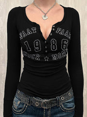 Black long sleeve t-shirt with buttoned neckline and bold white letter graphic.