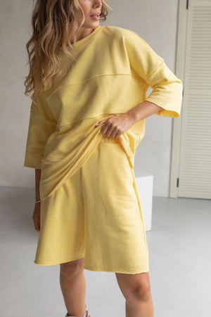 Relaxed fit yellow sweatshirt and shorts set with seam details