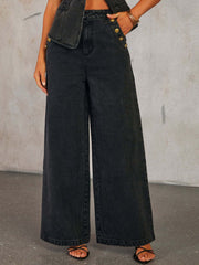 Dark wash wide-leg jeans with nautical button detail on the hip