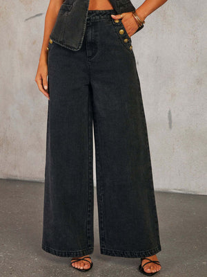 Dark wash wide-leg jeans with nautical button detail on the hip