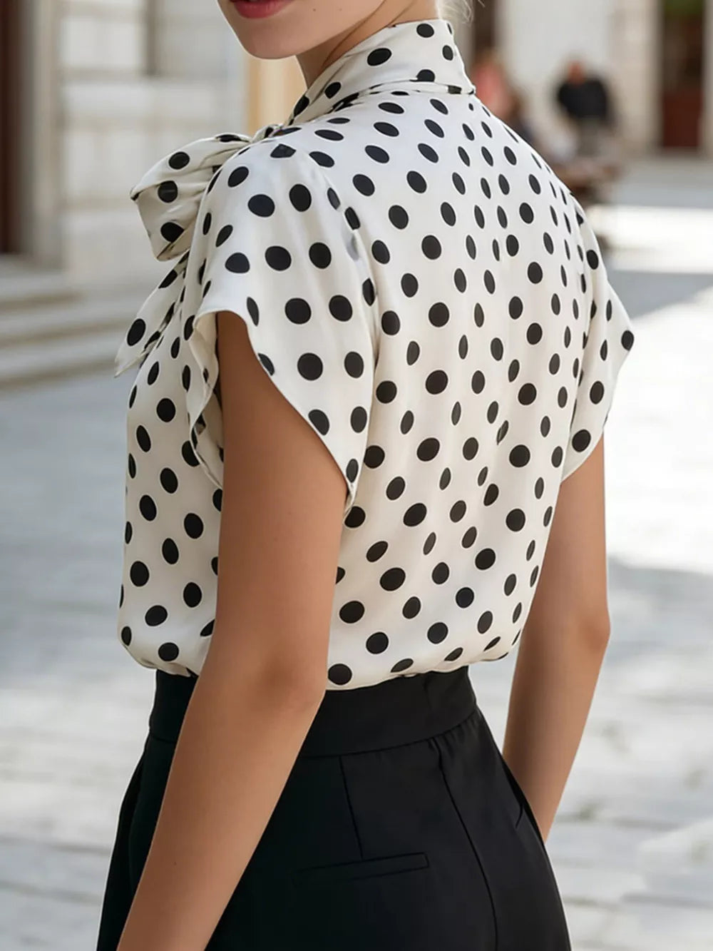White and black polka dot polyester shirt with bow tie neck and cap sleeves.