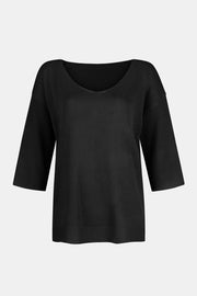 Black knit sweater with V-neck and flared 3/4 sleeves