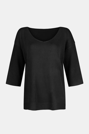 Black knit sweater with V-neck and flared 3/4 sleeves