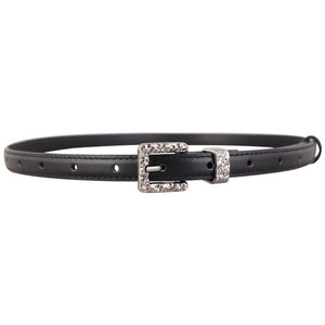 Black textured cowhide leather belt with a silver buckle.