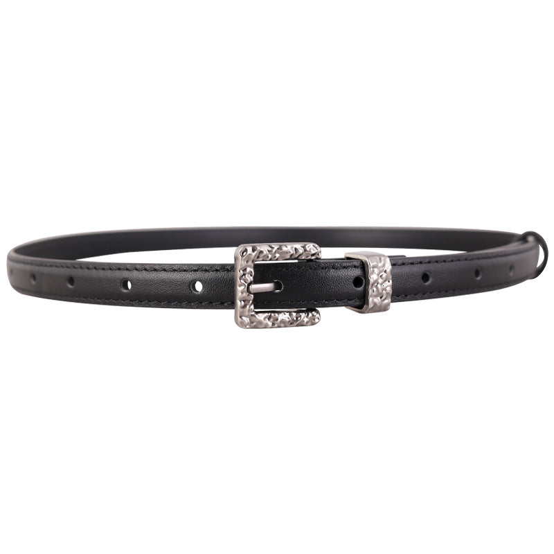 Black textured cowhide leather belt with a silver buckle.