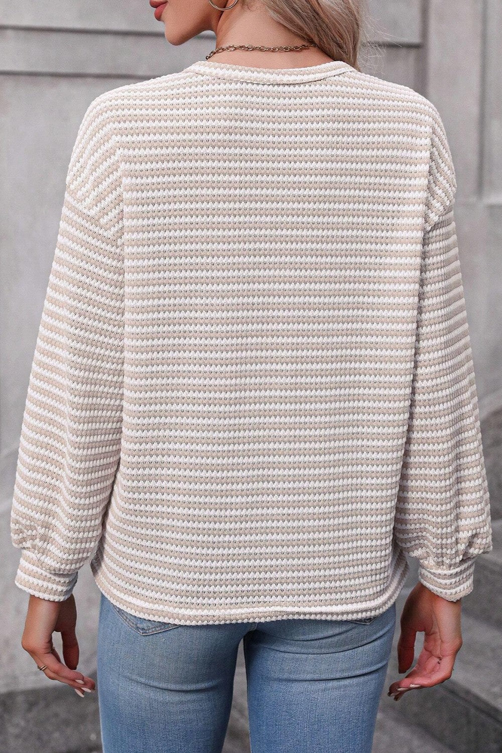 Dust Storm striped long sleeve waffle knit tee with crew neck and balloon sleeves