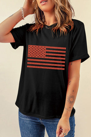 Black tee with glittered American flag graphic, crew neck, short sleeves.