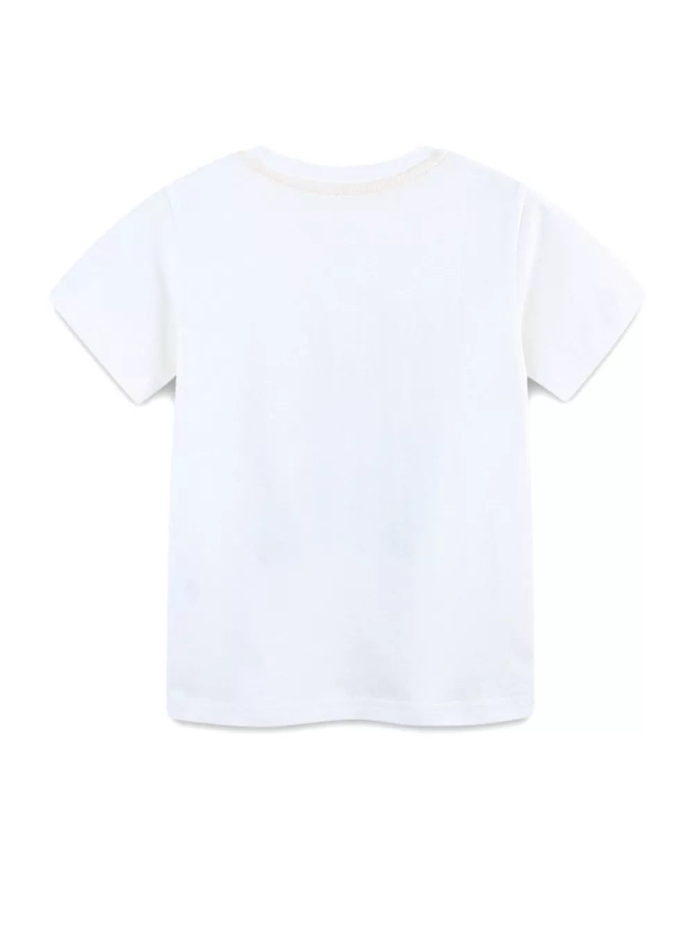 White cotton t-shirt with short sleeves and a crew neck, featuring a subtle graphic detail on the back.