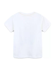 White cotton t-shirt with short sleeves and a crew neck, featuring a subtle graphic detail on the back.