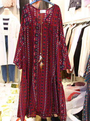 Bohemian Print Midi Dress With Side Slits in Red, alternate angle