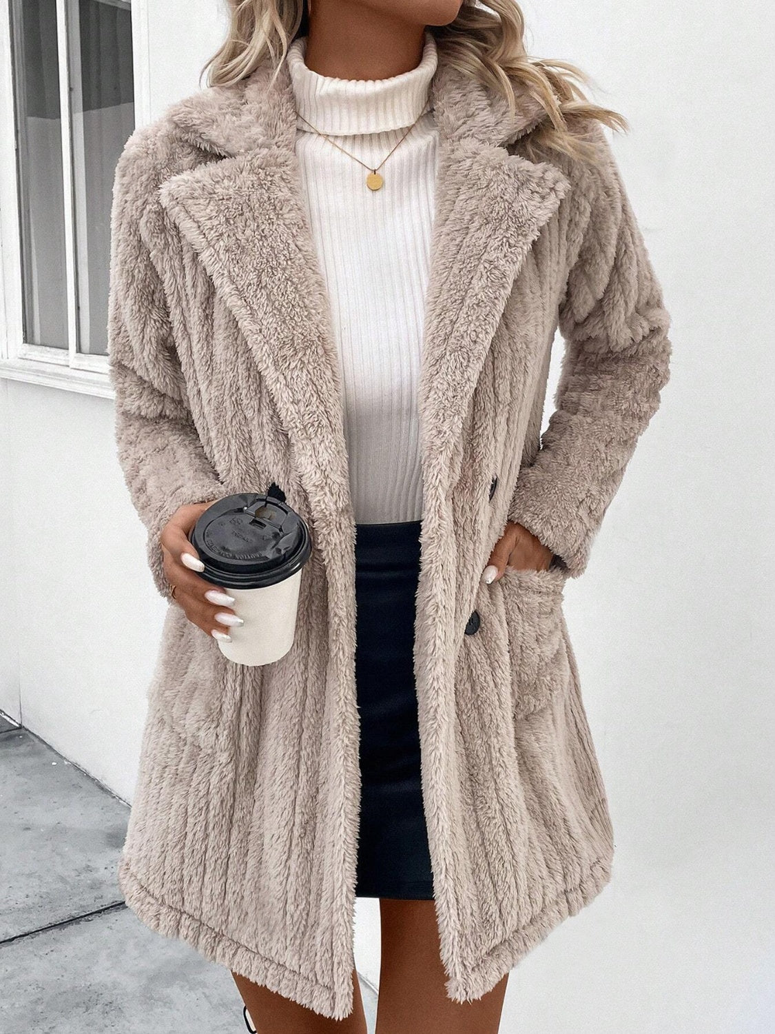 Textured teddy bear double-breasted overcoat in Dust Storm with notched lapels and button closure.