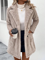Textured teddy bear double-breasted overcoat in Dust Storm with notched lapels and button closure.