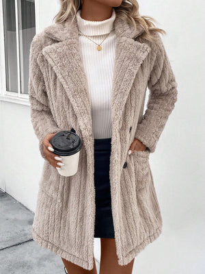 Textured teddy bear double-breasted overcoat in Dust Storm with notched lapels and button closure.