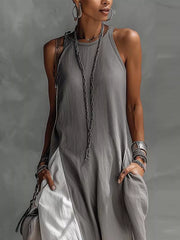 Gray two-tone maxi dress with pockets, sleeveless, round neck, casual maternity style
