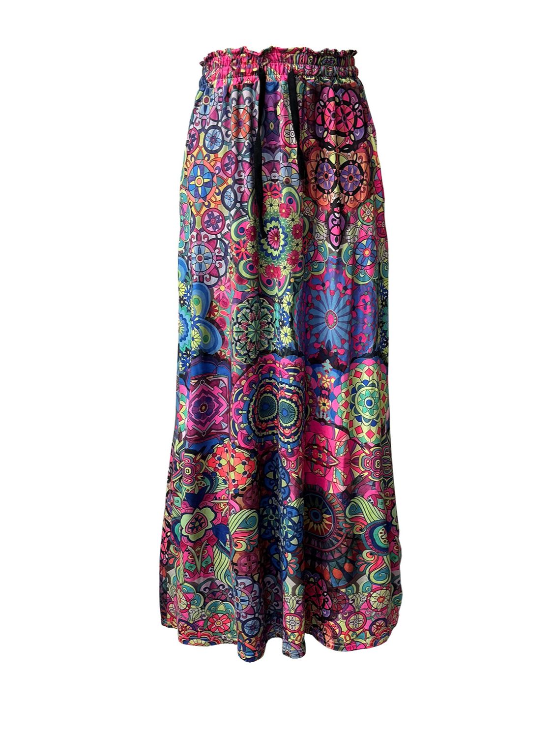 Maxi skirt with multicolor boho print and ruffled elastic waist.