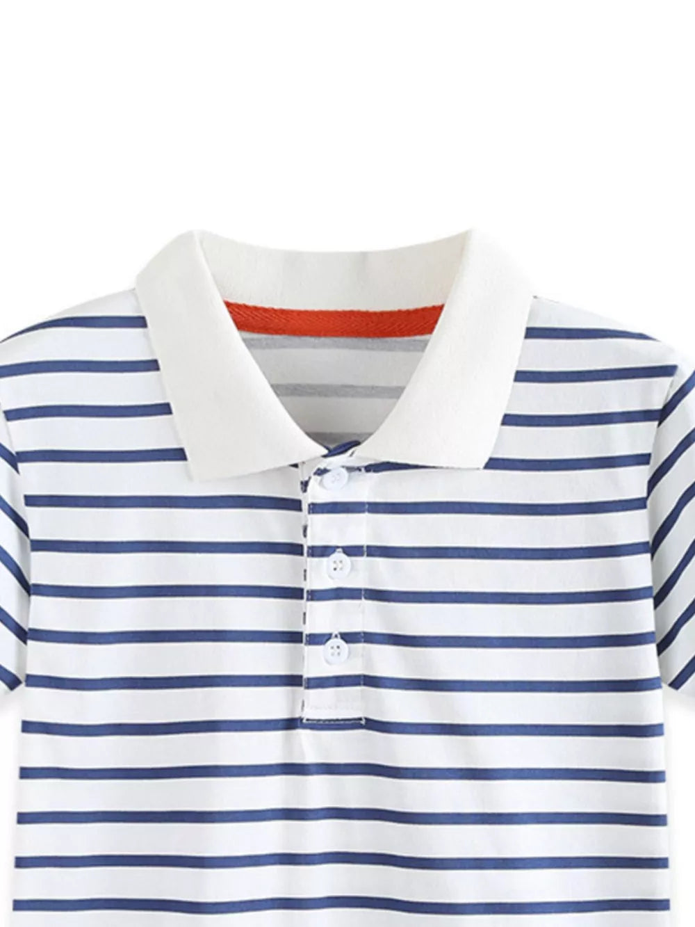 Baby boys' cotton polo shirt with blue and white stripes and a red accent inside the collar.