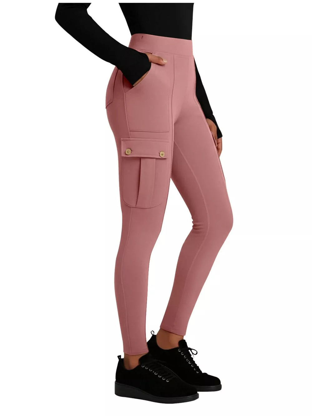 Rose pink high-waisted active pants with cargo pockets and button details.