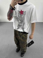 White cotton spandex t-shirt with a bold cat graphic and red star, black collar, short sleeves.