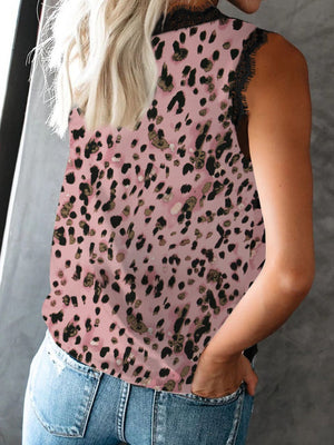 Leopard print camisole with black lace trim, in a pink base color.