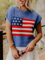Blue acrylic knit top with American flag graphic, crew neck, short sleeves.