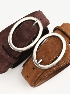 Brown and chocolate cowhide leather belts with oval brushed silver buckles