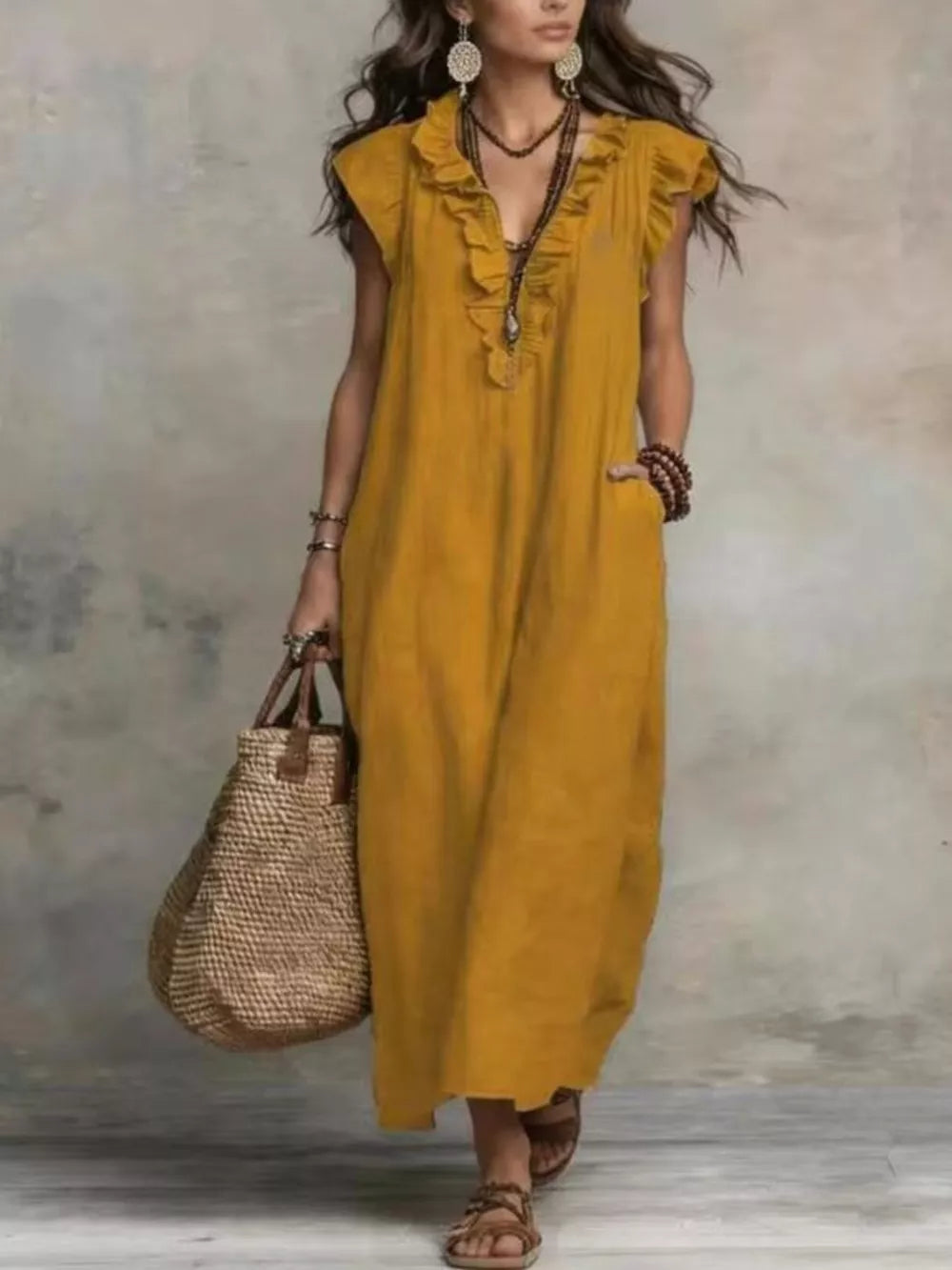 Bohemian Ruffle Neck Maxi Dress Plus Size in Blue, view 14