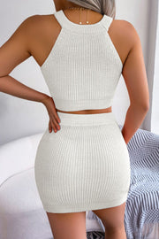 White knit halter crop top and mini skirt set with ribbed texture.
