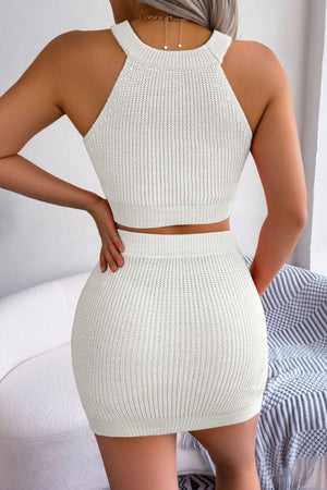 White knit halter crop top and mini skirt set with ribbed texture.