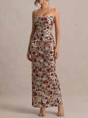 Floral sequin maxi dress with spaghetti straps and a bodycon fit.