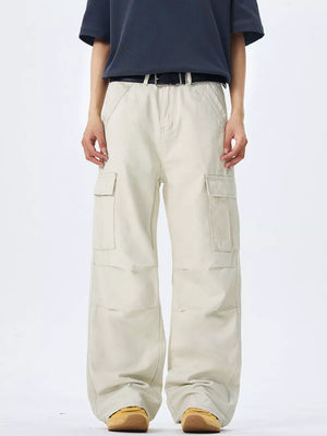 Off-white 100 cotton wide-leg cargo pants with multiple pockets and belt loops.