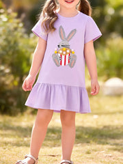 Lavender cotton dress with bunny appliqué and ruffled hem.