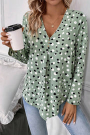 Sage dotted button-down blouse with V-neck and pleated front detail