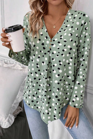 Sage dotted button-down blouse with V-neck and pleated front detail
