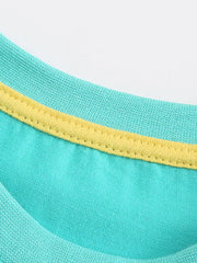 Turquoise t-shirt neckline with yellow trim and stitching detail