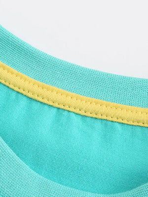 Turquoise t-shirt neckline with yellow trim and stitching detail