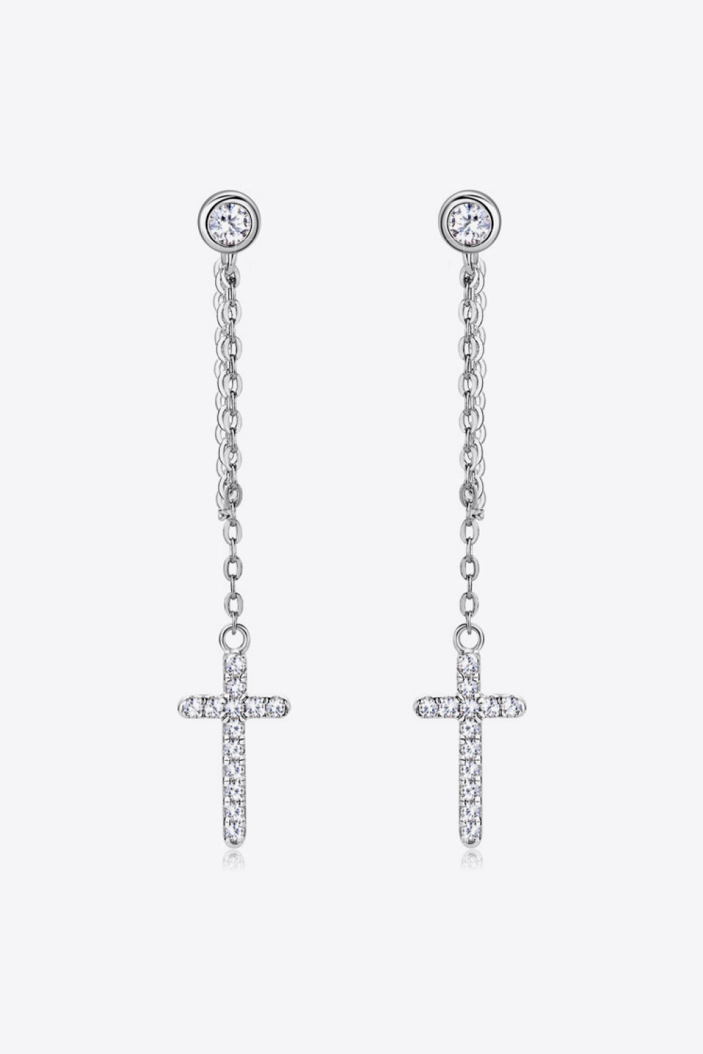 Silver dangling cross chain stud earrings with clear stones